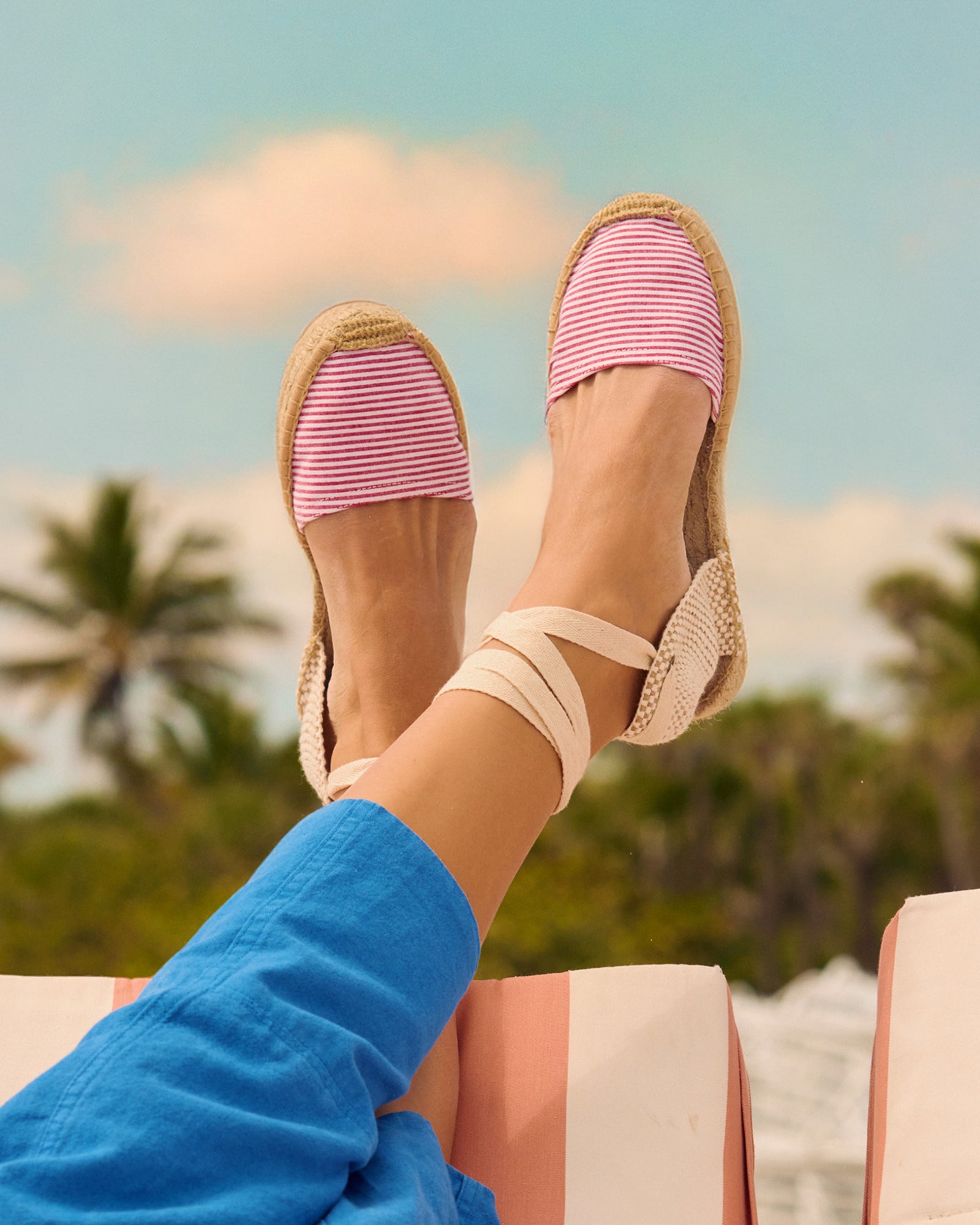 Women's Lauren Lace Up Espadrille | Seersucker | Classic Pink - Women's Espadrilles - Classic Pink - Soludos -